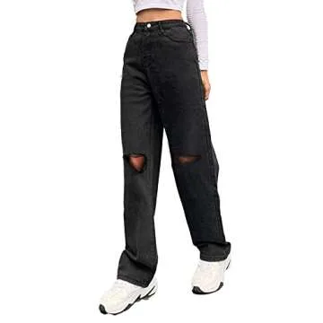 Genleck Women Loose Ripped Boyfriends Jeans High Waist Baggy Denim Pants Distressed Wide Leg Jeans Y2K Mom Jeans Black