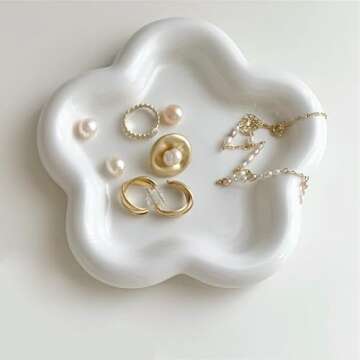 BROSEBEAQ Flower Jewelry Dish for Women, Ceramic Jewelry Tray Dish, Small Engagement Ring Dish Holder, Nightstand Decor Trinket Tray Jewelry Holder Dish, Jewelry Plate for Rings, Key Dish Gift 5.90″