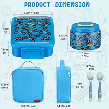 JXXM Bento Lunch Box for Kids With 8oz Soup thermo,Leak-proof Lunch Containers with 5 Compartment,thermo Food Jar and Lunch Bag, Food Containers for School (A-Blue(Extreme Locomotive))