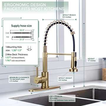 WEWE Brushed Gold Kitchen Faucet with Pull Down Sprayer, RV Brass Kitchen Faucet Stainless Steel Sin...