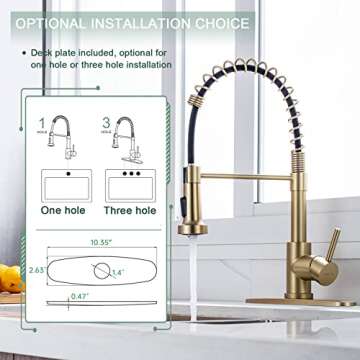 WEWE Brushed Gold Kitchen Faucet with Pull Down Sprayer, RV Brass Kitchen Faucet Stainless Steel Single Handle Spring Faucet with Deck Plate for Farmhouse Utility bar Laundry Sinks