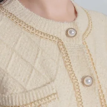 URBAN REVIVO Women Cardigan Sweaters Casual Long Sleeve Open Front Cropped Button Down Jackets Trendy Crew Neck Knit Outerwear Apricot, Small