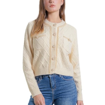 URBAN REVIVO Women Cardigan Sweaters Casual Long Sleeve Open Front Cropped Button Down Jackets Trendy Crew Neck Knit Outerwear Apricot, Small