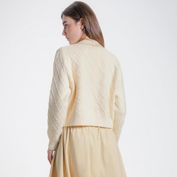 URBAN REVIVO Women Cardigan Sweaters Casual Long Sleeve Open Front Cropped Button Down Jackets Trendy Crew Neck Knit Outerwear Apricot, Small