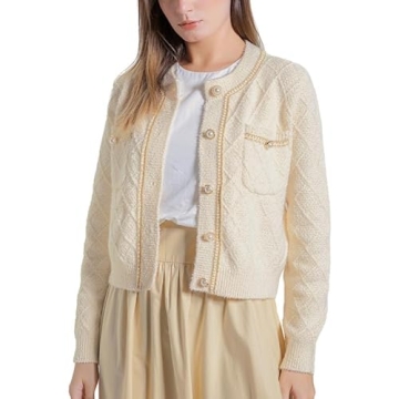 URBAN REVIVO Women Cardigan Sweaters Casual Long Sleeve Open Front Cropped Button Down Jackets Trendy Crew Neck Knit Outerwear Apricot, Small