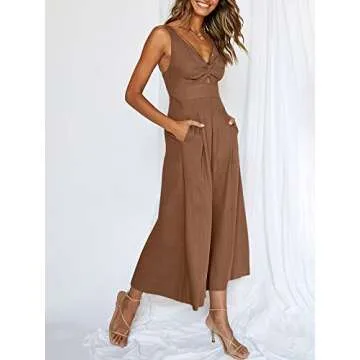 ANRABESS Women's Summer Wide Leg Linen Jumpsuits Dressy V Neck Sleeveless Casual Pants Rompers 2024 Vacation Beach Outfits Brown Medium