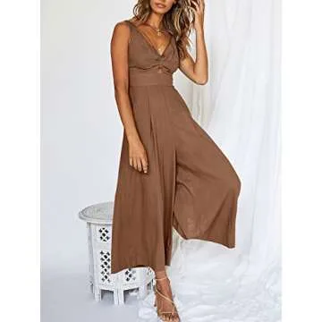 ANRABESS Women's Summer Wide Leg Linen Jumpsuits Dressy V Neck Sleeveless Casual Pants Rompers 2024 Vacation Beach Outfits Brown Medium