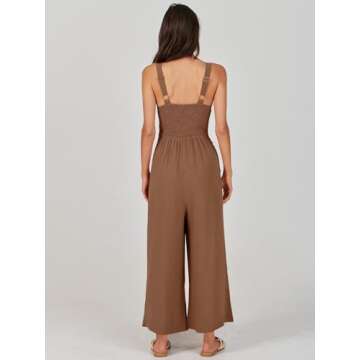 ANRABESS Women's Summer Wide Leg Linen Jumpsuits Dressy V Neck Sleeveless Casual Pants Rompers 2024 Vacation Beach Outfits Brown Medium
