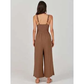 ANRABESS Women's Summer Wide Leg Linen Jumpsuits Dressy V Neck Sleeveless Casual Pants Rompers 2024 Vacation Beach Outfits Brown Medium