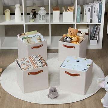 HNZIGE Foldable Storage Cubes Bins for Organizing, Set of 4, Fabric Cube Canvas Storage Bins 11 x11, Collapsible Bins for Organization with Handles for Shelf Nursery(Beige)