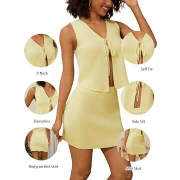 AIHUKOCY Women Sexy Knit Two Pieces Mini Skirts Set Sleeeveless V Neck Self Tie Slit Front Crop Vest Top Short Skirts Sets Yellow