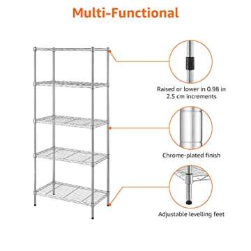 Amazon Basics 5-Shelf Adjustable Steel Storage Shelving Unit, 200 lb Capacity per Shelf, 23.2 x 13.4 x 60 inches, Chrome