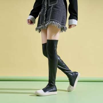 Kluolandi Women's Stretch Flat Over The Knee Thigh High Boots Comfort Knee-high Sneakers Black Thigh High Size 9