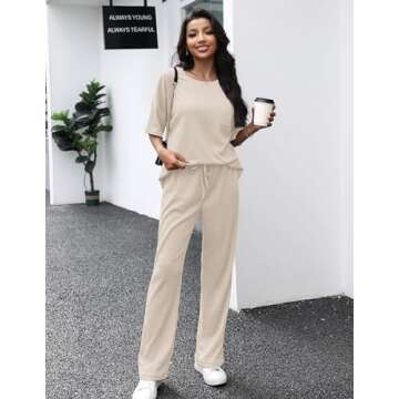 JiniGolla Womens Pajama Sets Waffle Knit Short Sleeve Shirt with Long Pajama Pants Soft Sleepwear Pj Lounge Sets