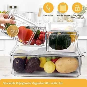ZNM Fridge Organizer, Stackable Refrigerator Organizer Bins with Lids, Clear Plastic Storage Bins with Handle for Freezer, Kitchen, Countertops, Cabinets, Pantry Organization - BPA Free(Set of 9)
