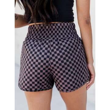 SELINK Shorts for Women Casual Black Plaid High Waisted Athletic Shorts Shirred High Waist Vacation ...