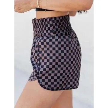 SELINK High Waisted Black Plaid Athletic Shorts for Women