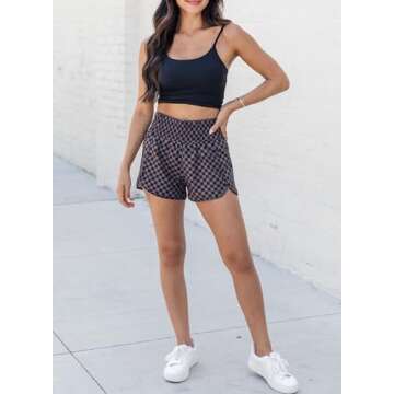 SELINK Shorts for Women Casual Black Plaid High Waisted Athletic Shorts Shirred High Waist Vacation Shorts Daily 2XL