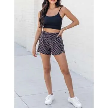 SELINK High Waisted Black Plaid Athletic Shorts for Women