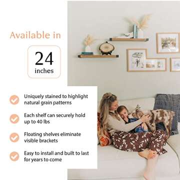 Willow & Grace Designs Floating Shelves - Set of 2 Natural Wood for Wall Decor in Living Room, Bathroom, Kitchen & Laundry Room, Made w/Real Wood Floating Wall Shelf, Easy Install - Walnut - 24"