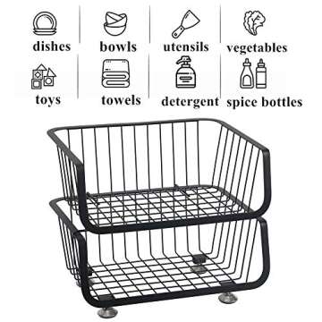 OROPY 2 Tier Stackable Storage Baskets, Metal Wire Fruit Vegetable Basket Organizer Bins with Adjustable Anti-skid Feet for Kitchen Counter, Pantry, Cabinet Black