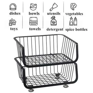 OROPY 2 Tier Stackable Storage Baskets, Metal Wire Fruit Vegetable Basket Organizer Bins with Adjustable Anti-skid Feet for Kitchen Counter, Pantry, Cabinet Black