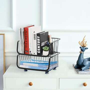 OROPY 2 Tier Stackable Storage Baskets, Metal Wire Fruit Vegetable Basket Organizer Bins with Adjustable Anti-skid Feet for Kitchen Counter, Pantry, Cabinet Black