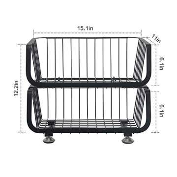 OROPY 2 Tier Stackable Storage Baskets, Metal Wire Fruit Vegetable Basket Organizer Bins with Adjustable Anti-skid Feet for Kitchen Counter, Pantry, Cabinet Black
