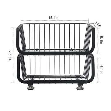 OROPY 2 Tier Stackable Storage Baskets, Metal Wire Fruit Vegetable Basket Organizer Bins with Adjustable Anti-skid Feet for Kitchen Counter, Pantry, Cabinet Black