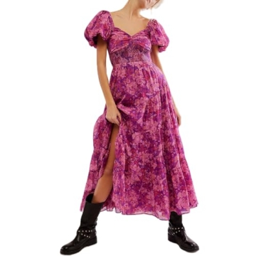 Women Spring Dresses Flowy Smocked Maxi Dress Puff Sleeve Sweetheart Y2K Floral Boho Summer Sundresses, Purple, Small
