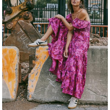 Women Spring Dresses Flowy Smocked Maxi Dress Puff Sleeve Sweetheart Y2K Floral Boho Summer Sundresses, Purple, Small