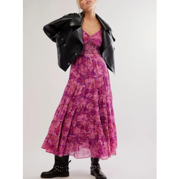 Women Spring Dresses Flowy Smocked Maxi Dress Puff Sleeve Sweetheart Y2K Floral Boho Summer Sundresses, Purple, Small