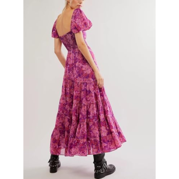 Women Spring Dresses Flowy Smocked Maxi Dress Puff Sleeve Sweetheart Y2K Floral Boho Summer Sundresses, Purple, Small