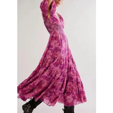Women Spring Dresses Flowy Smocked Maxi Dress Puff Sleeve Sweetheart Y2K Floral Boho Summer Sundresses, Purple, Small