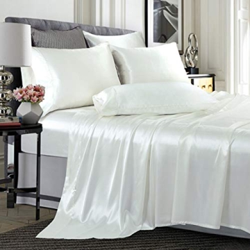 TREELY 6 Piece Queen Size Satin Sheet Set - Silky Smooth Ivory White Sheet Set with Deep Pocket, Fit...