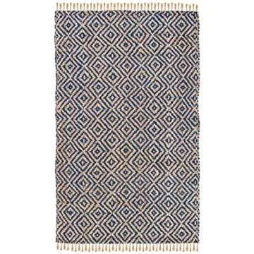 SAFAVIEH Natural Fiber Collection Area Rug - 8' x 10', Tropical Blue & Natural, Handmade Boho Diamond Tassel Jute, Ideal for High Traffic Areas in Living Room, Bedroom (NF266D)