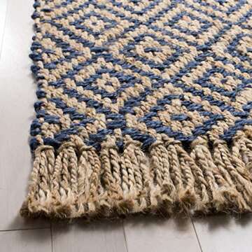 SAFAVIEH Natural Fiber Collection Area Rug - 8' x 10', Tropical Blue & Natural, Handmade Boho Diamond Tassel Jute, Ideal for High Traffic Areas in Living Room, Bedroom (NF266D)
