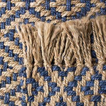 SAFAVIEH Natural Fiber Collection Area Rug - 8' x 10', Tropical Blue & Natural, Handmade Boho Diamond Tassel Jute, Ideal for High Traffic Areas in Living Room, Bedroom (NF266D)