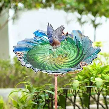 Vibrant Green Glass Bird Bath for Your Garden 26" High