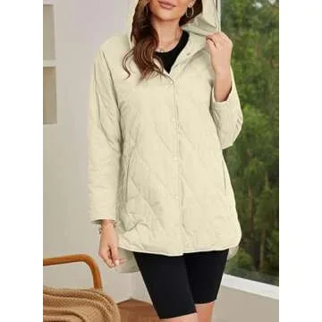 EVALESS Puffer Jacket for Women Lightweight Diamond Quilted Jackets Long Winter Coats for Womens Fashion 2024 Hooded Long Sleeve Button Down Clothes Beige Jacket for Women Casual with Pockets, Large