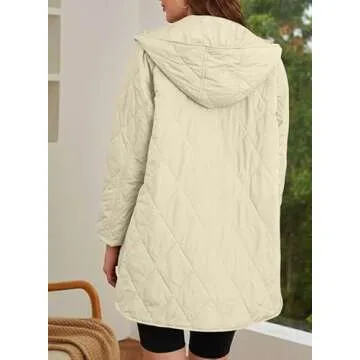 EVALESS Puffer Jacket for Women Lightweight Diamond Quilted Jackets Long Winter Coats for Womens Fashion 2024 Hooded Long Sleeve Button Down Clothes Beige Jacket for Women Casual with Pockets, Large