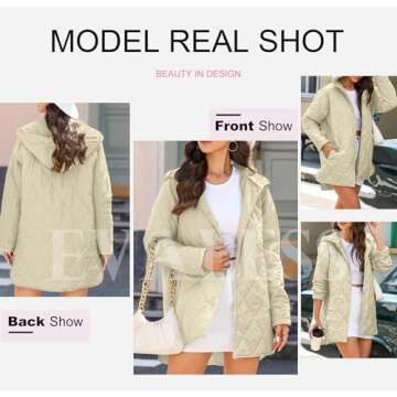 EVALESS Puffer Jacket for Women Lightweight Diamond Quilted Jackets Long Winter Coats for Womens Fashion 2024 Hooded Long Sleeve Button Down Clothes Beige Jacket for Women Casual with Pockets, Large