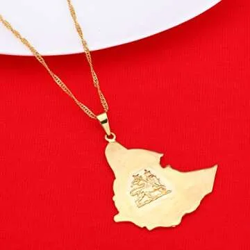 24K Gold Plated Map of Ethiopian Lion Pendant Necklace Africa Gold Chain Necklace Map Jewelry