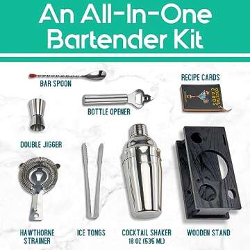 Mixology Bartender Kit - 8-Piece Silver Cocktail Shaker Set with Black Wood Stand, Recipe Cards, and...