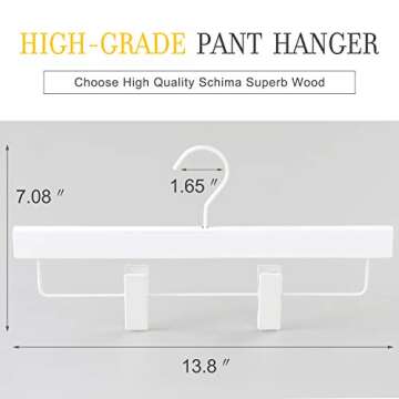 TOPIA HANGER All White Wooden Pants Hangers, Wood Skirt Hangers with Clips, Deluxe Jeans Hanger with...