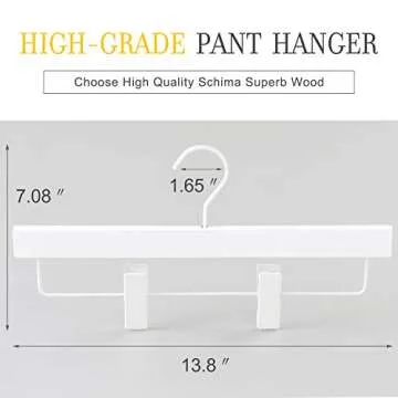 TOPIA HANGER All White Wooden Pants Hangers, Wood Skirt Hangers with Clips, Deluxe Jeans Hanger with...