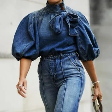 Women's Bow Design Denim Pullover Top Button Up High Neck Fashionable Jacket with Elastic and Puff Sleeves(Dark Blue,XL)