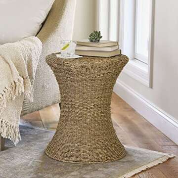 Household Essentials Handwoven Seagrass Wicker Stool with Hourglass Shape, Natural