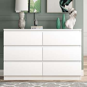 Vibe & Dine White Dresser 6 Drawer, Modern Double Dresser for Bedroom, Wood Chest of Drawers with Wi...