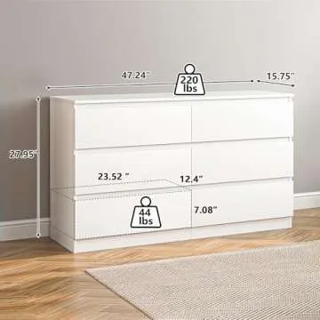 Vibe & Dine White Dresser 6 Drawer, Modern Double Dresser for Bedroom, Wood Chest of Drawers with Wide Storage for Living Room